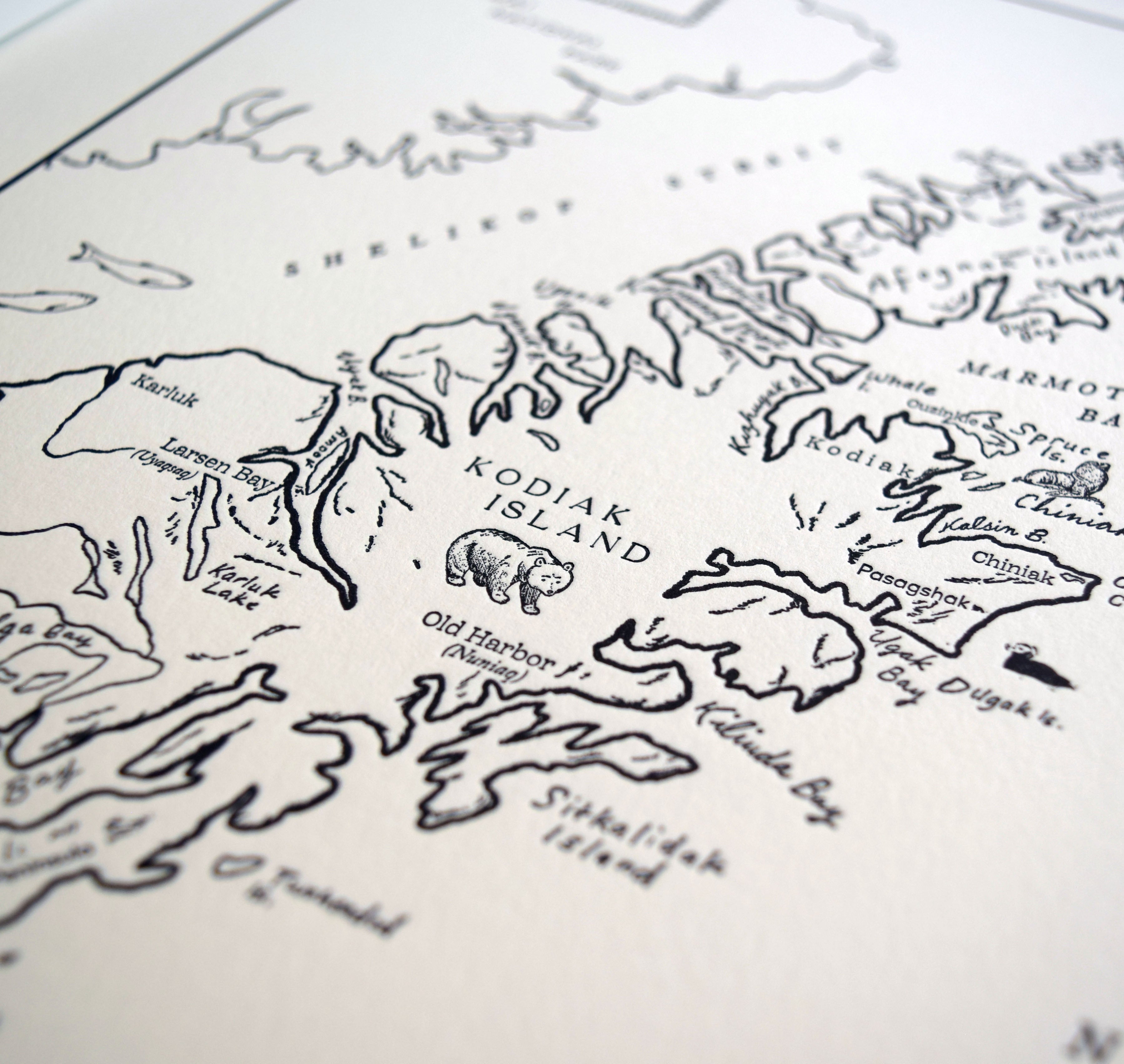 Kodiak Island, Alaska, Letterpress Map – Quail Lane Press