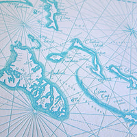 Letterpress printed art map of Bahamas.  Includes Islands prominent geographical features identified.  Nautical themed map with compas rose.