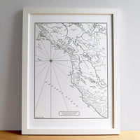 Fine art letterpress print wall decor.  Map of San Francisco Bay California. handdrawn letterpress printed in black ink on archival grade cotton paper