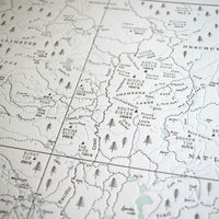 Three sisters wilderness map. Artistic hand drawn letterpress printed map of the cascade mountain range surrounding bend oregon. Incldes the three sisters wilderness area and trails peaks and streams identified.