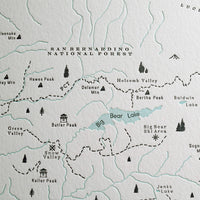Map of the Big Bear California area including natural landmarks ski areas creeks lakes and the PCT Pacific Coast Trail