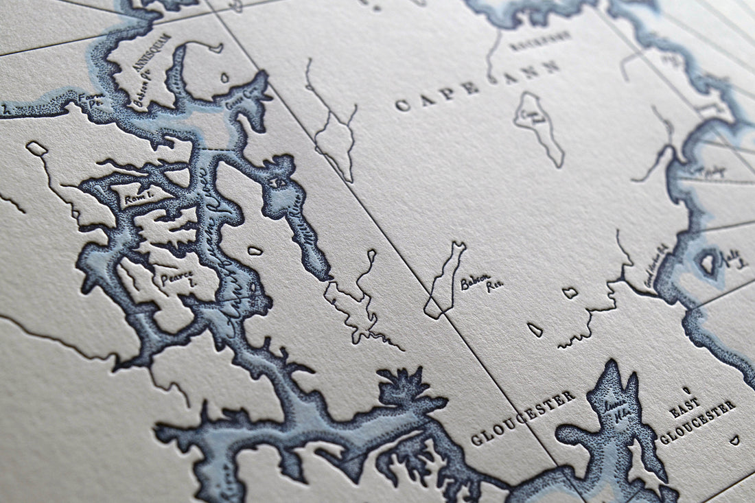 Cape Ann Mass Map including prominent landmarks and watercolor accent along shorelines