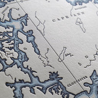 Cape Ann Mass Map including prominent landmarks and watercolor accent along shorelines