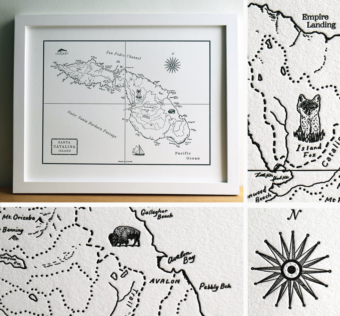 Letterpress printed map of Catalina Island.  Framed wall art.