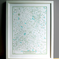 Front range Colorado Map including natural features trails and parks.  Letterpress printed wall art map in two colors