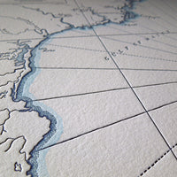 Hand-drawn Kennebunkport Maine letterpress map identifying prominent natural features.