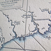 Norheastern United States Map Kennebunkport Maine Hand drawn letterpress printed wall art