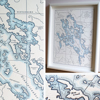 Hand-drawn map of Lake Winnipesaukee Letterpress printed on Cranes cotton lettra paper shorelines are tinted with watercolor wash fits in a standard frame