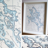 Hand-drawn map of Lake Winnipesaukee Letterpress printed on Cranes cotton lettra paper shorelines are tinted with watercolor wash fits in a standard frame