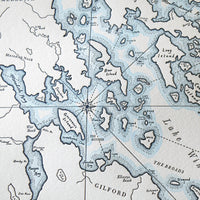 Lake winnipesaukee New Hanpshire hand-drawn letterpress print with watercolor was along shorelines