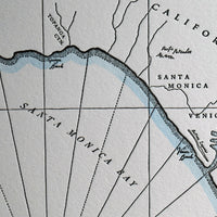 Letterpress art.  Map of California coastline including region between malibu and manhattan beach