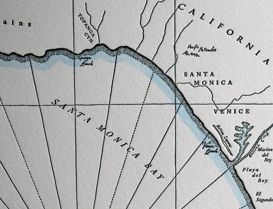 Letterpress art.  Map of California coastline including region between malibu and manhattan beach