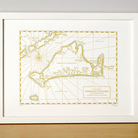 Hand drawn letterpress printed framed print of Marthas Vineyard Map