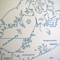 Letterpress art map Hamptons Montauk New York