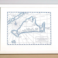 Martha's Vineyard map printed in letterpress with watercolor wash accent along shorelines.
