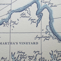 Marthas Vineyard Massachusetts Atlantic Ocean map identifying natural features and accented with water-color along shorelines