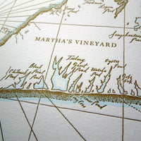 Martha's Vineyard wall art.  Letterpress map printed on archival cotton paper and watercolor accent along shorelines