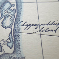 Handdrawn and handprinted letterpress map of Marha's Vineyard detailing prominent bays and other natural features