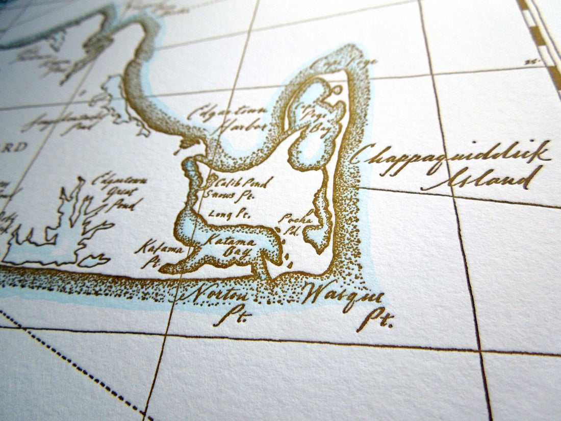Detailed letterpress map of Marthas Vineyard idnetifying prominent land shore and water features