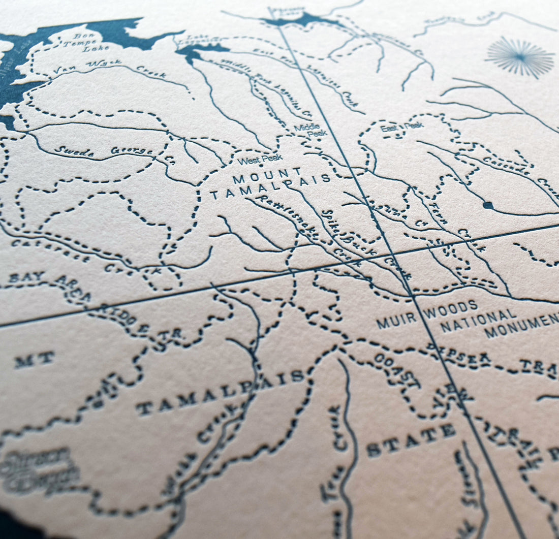 Letterpress wall art map depicting mt tam California. includes muir woods and pacific ocean