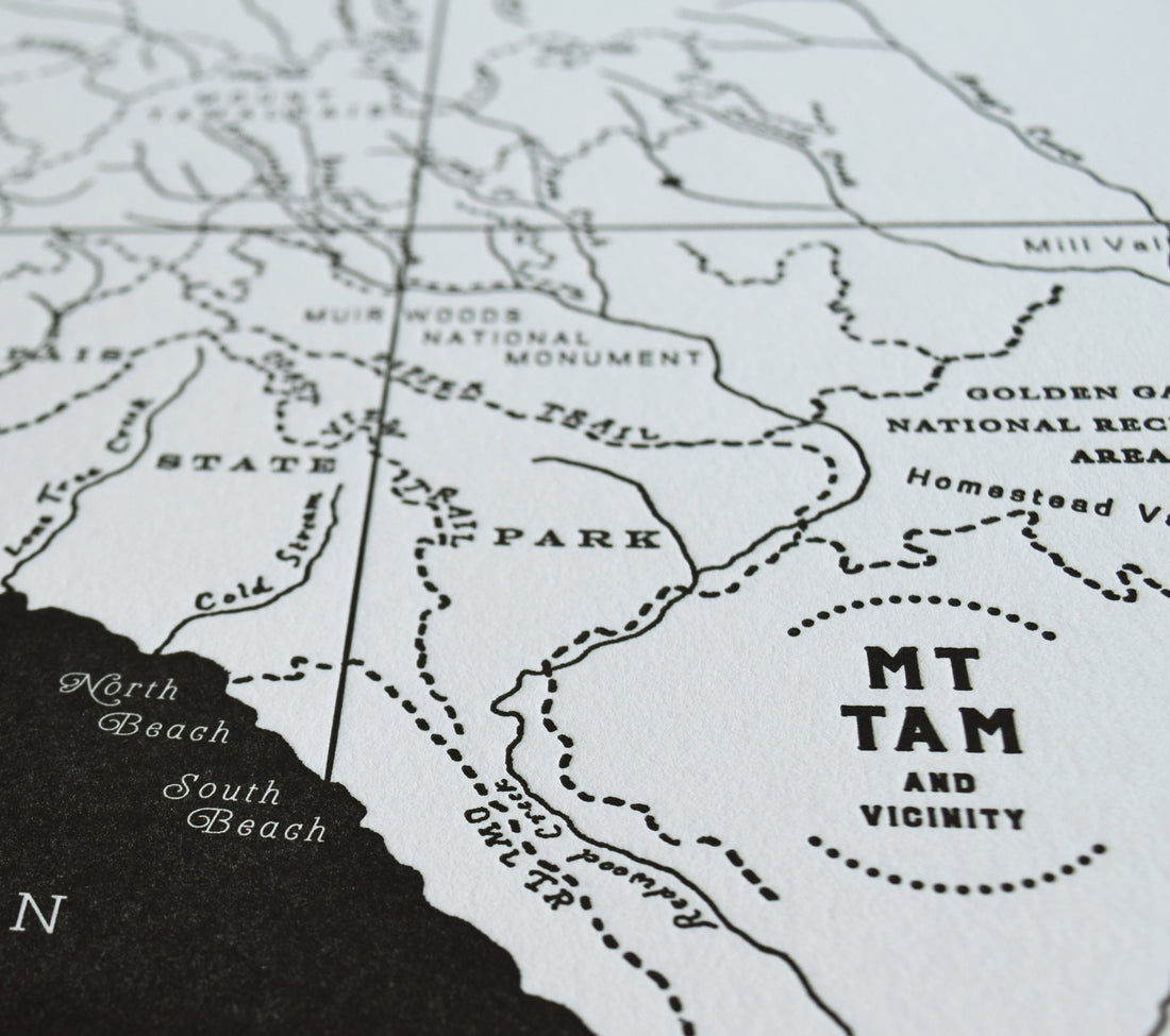 Northern california coast map including mt tam and surrounding area trails and prominent features and landmarks identified