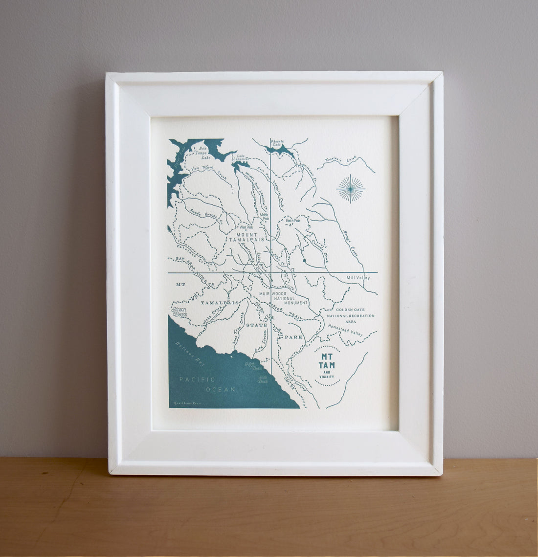 Map fo Mt Tam California printed in letterpress on archival grade cotton paper.  Framed letterpress wall art