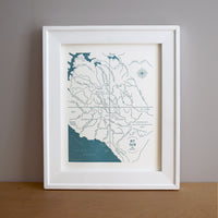 Map fo Mt Tam California printed in letterpress on archival grade cotton paper.  Framed letterpress wall art