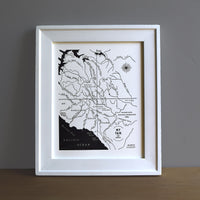 Framed letterpress wall art map of Mount Tamalpais Northern California.  Northern California Coast map