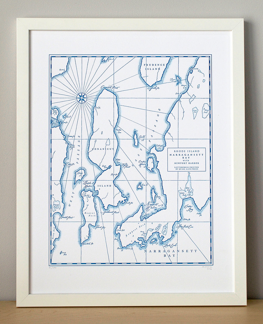 Framed letterpress printed map of Narragansett Bay Rhode Island Northeastern United States