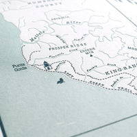letterpress print of the Northern California Lost Coast including natural features and trails