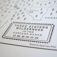 Central oregon cascade range map including the three sisters wilderness, mt bachelor, and broken top mountain.  Letterpress printed hand drawn original design.