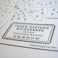 Central oregon cascade range map including the three sisters wilderness, mt bachelor, and broken top mountain. Letterpress printed hand drawn original design.