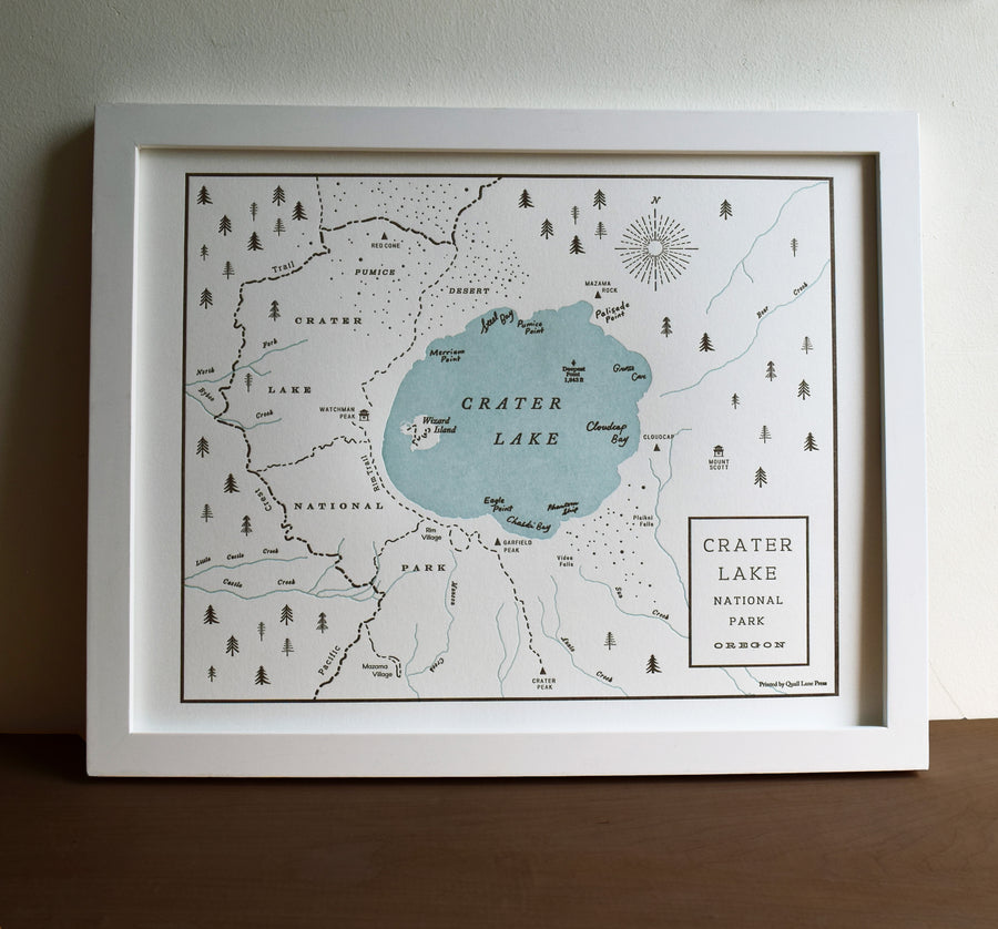 Framed letterpress printed map of Crater Lake Oregon