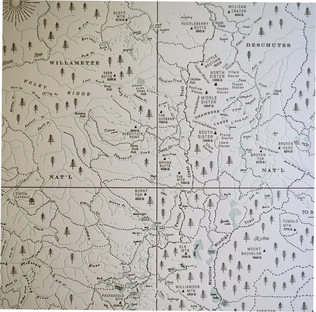 Artistic trail and wilderness map  charting the three sisters wilderness area of central oregon.  Known for its picuresque landcape, the map identifies prominent peaks trails lakes and creeks.  Hand drawn letterpress print