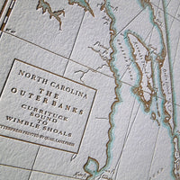 Map of Outerbanks.  Outerbanks of North Carolina letterpress printed map depicting coastine from currituck sound to winble shoals