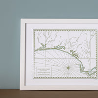 Letterpress printed hand-drawn map of northwestern Florida from Pensacola Bay to Apalachicola Bay