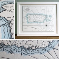 Framed Fine art print letterpress printed Map of Puerto Rico Island Caribbean Sea. Nautical themed wall decor includes watercolor wash along shorelines