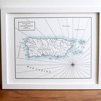 Framed Fine art print letterpress printed Map of Puerto Rico Island Caribbean Sea. Nautical themed wall decor includes watercolor wash along shorelines