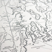Detailed Letterpress printed Map of Narragansett Bay Rhode Island including surround Atlantic Ocean shoreline and Block Island printed on Archival grade cotton paper