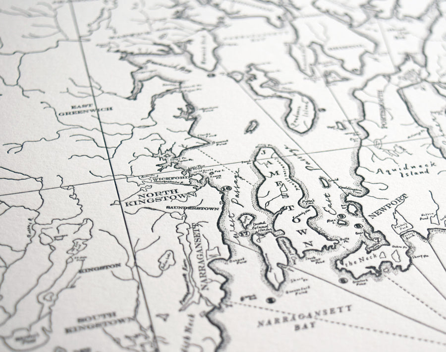 Detailed Letterpress printed Map of Narragansett Bay Rhode Island including surround Atlantic Ocean shoreline and Block Island printed on Archival grade cotton paper