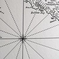 San Francisco Bay Art Map printed in letterpress on archival grade cotton paper.  Identifies prominent natural landmarks and water features
