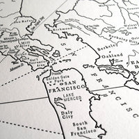 Artistic map of the San Francisco Bay area detailing cities and natural landmarks and water features.  Printed in black ink on letterpress