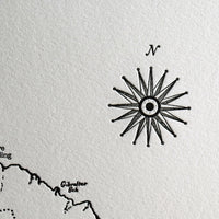 Letterpress print nautical compass rose Map art