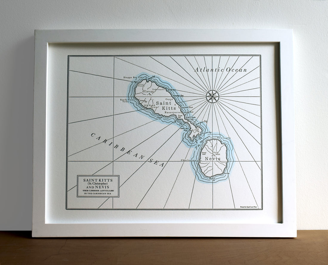 Framed letterpress print of caribbean sea Islands Saint Kitts and Nevis.  Nautical style art print of the pair of Caribbean Islands with hand painted watercolor accent along shorelines