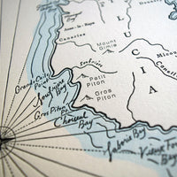 Fine art letterpress wall art detailed map print of the Caribbean Island of Saint Lucia