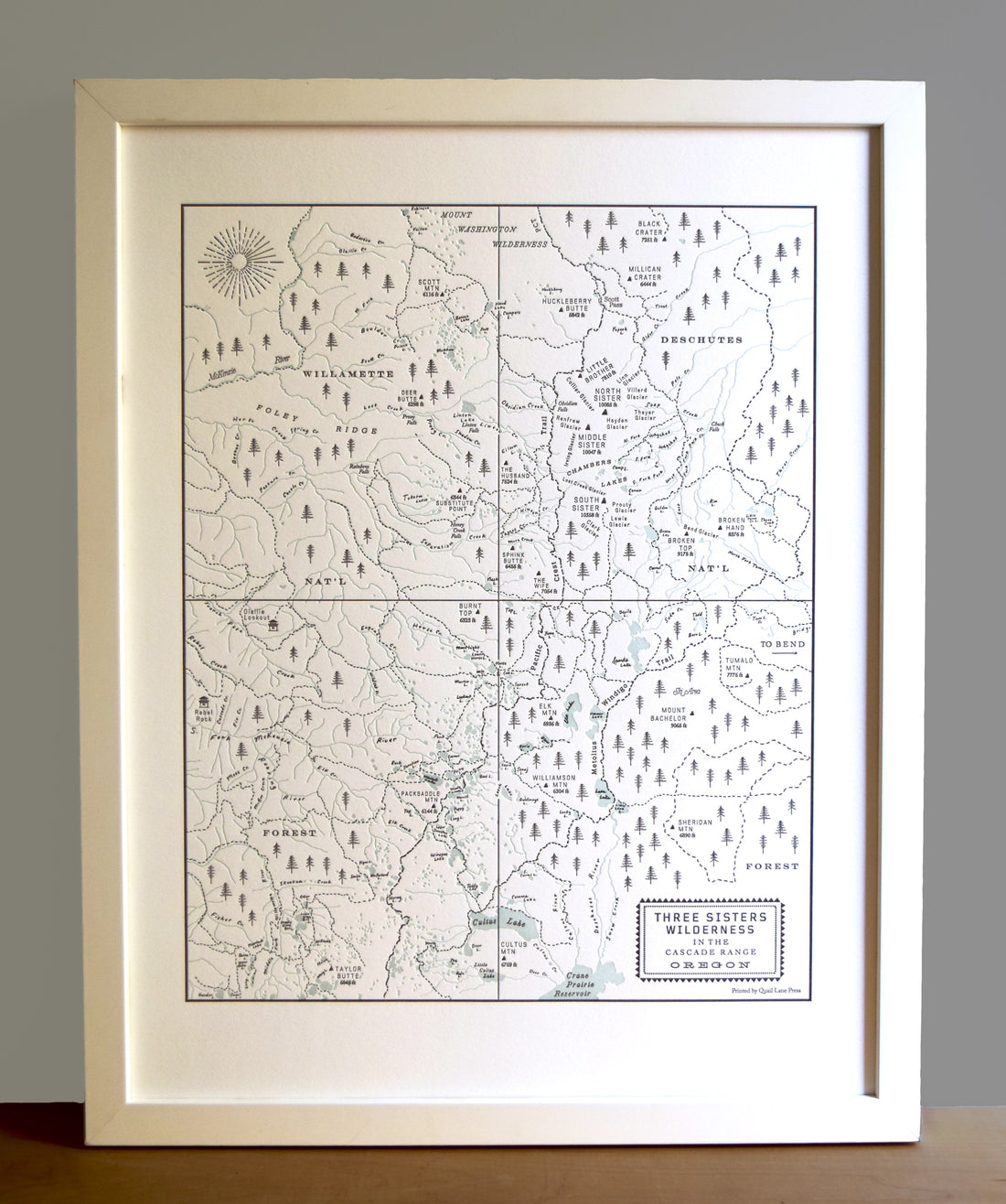 Map of the three sisters wilderness of bend oregon including mt bachelor broken top mountain and the three sisters.  Prominent landmarks, trails, peaks, and creeks are labeled.