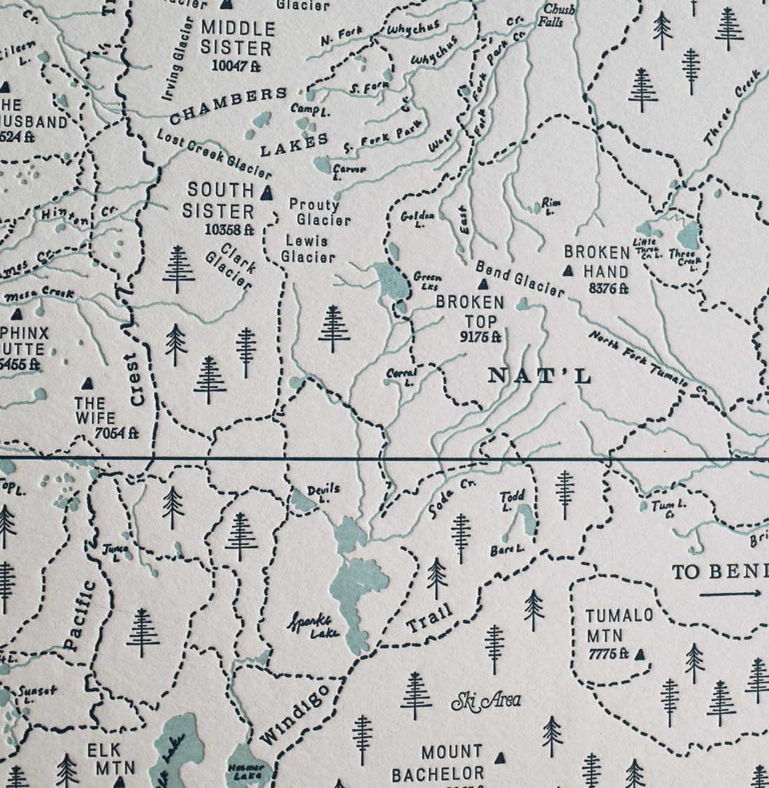 Map of the broken top mountain area including the three sisters.  Letterpress printed art