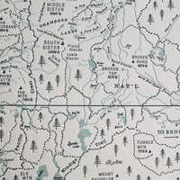 Map of the broken top mountain area including the three sisters.  Letterpress printed art 