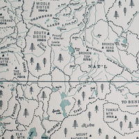 Map of the broken top mountain area including the three sisters. Letterpress printed art