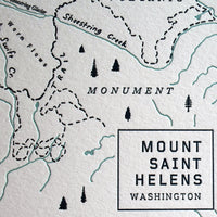 letterpress print map of Mount saint Helens Washington depicting natural features including streams lakes and peaks